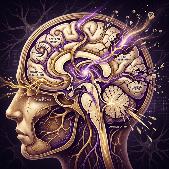 Cross-section of brain highlighting areas for decision making, emotional regulation, risk assessment, strategic vision, and communication