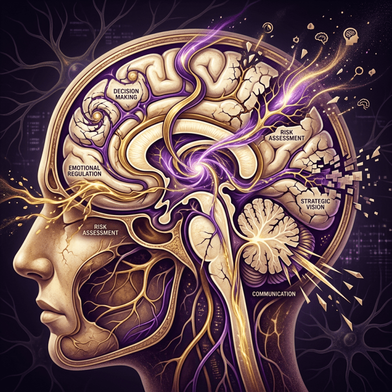 Cross-section of brain highlighting areas for decision making, emotional regulation, risk assessment, strategic vision, and communication